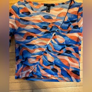 Forever 21 Long Sleeved Mesh Shirt, Ruching on Front, Slightly Cropped, Small